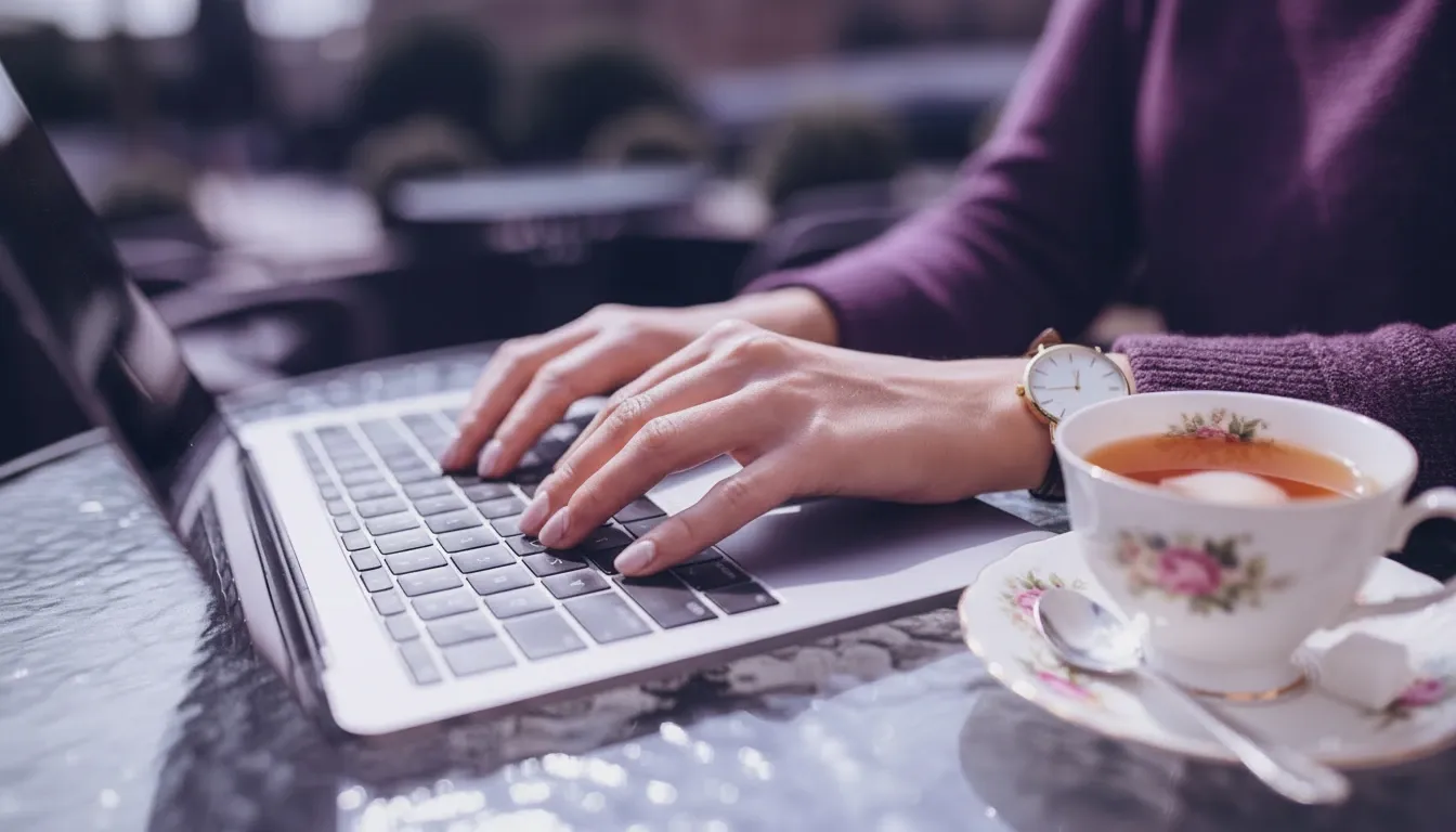 Person typing on a laptop at a café table with a cup of tea beside them, representing everyday internet use in public spaces amid the growing impact of global age-verification and online access regulations.